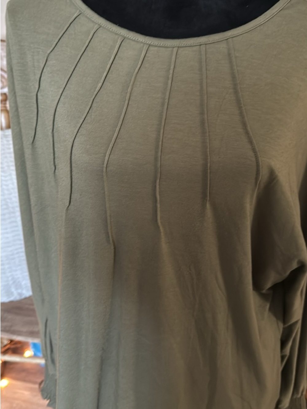 Pleated Front Olive Green Long Sleeve Top